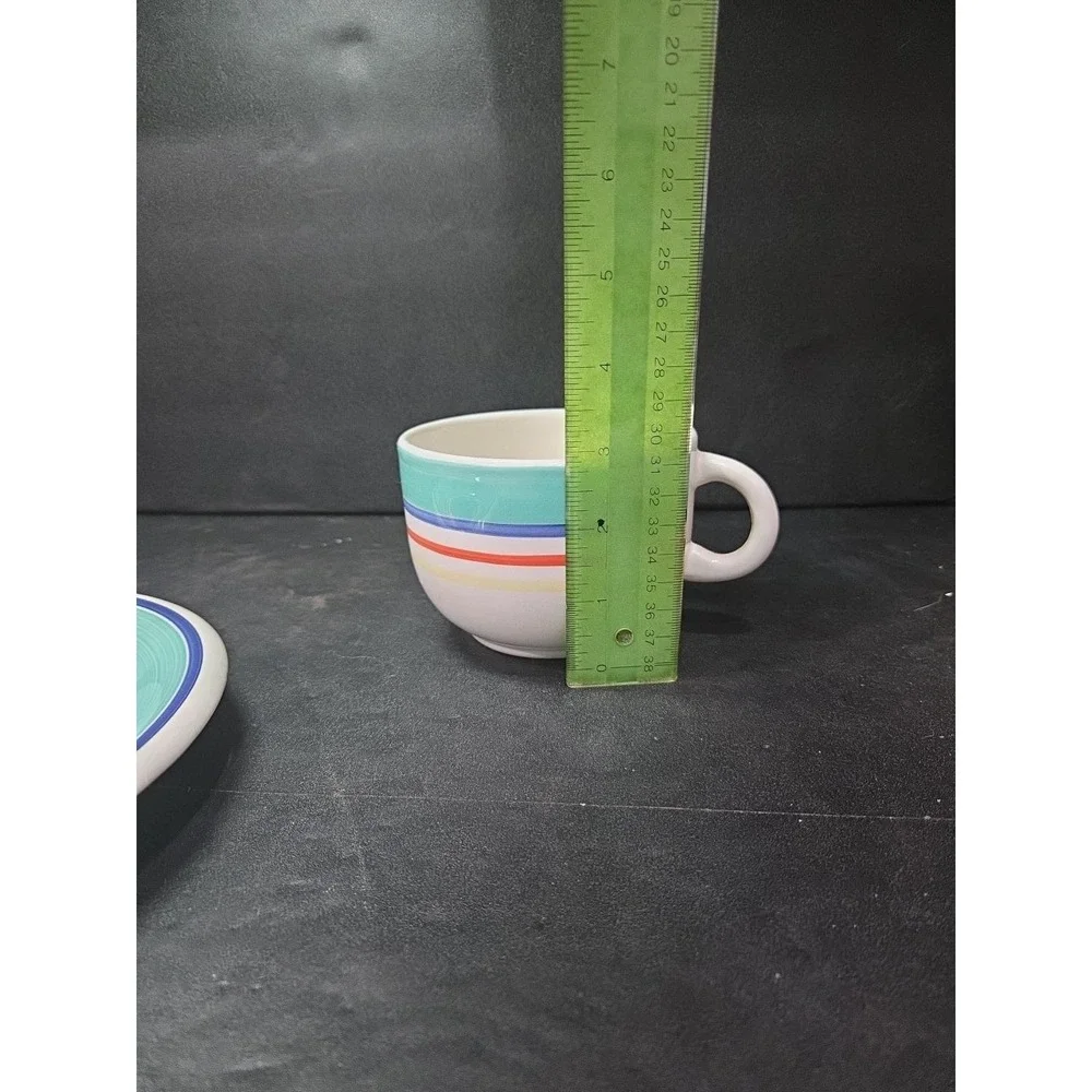 Pier 1 Turquoise Hand Painted Bright Striped Coffee Mug & Saucer, Kitchen Decor‎